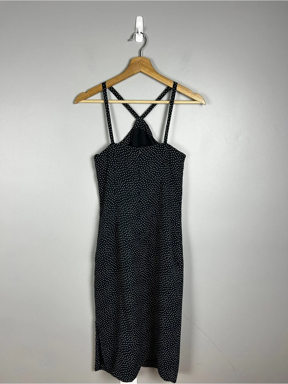 Vintage 90s Navy Blue Micro Polka Dot Midi Dress Small Cocktail Party Chic Paris - Picture 4 of 5